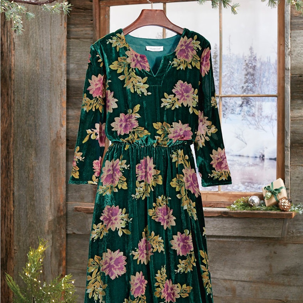 Coldwater Creek Velvet Dress with Floral Design - Green and Pink